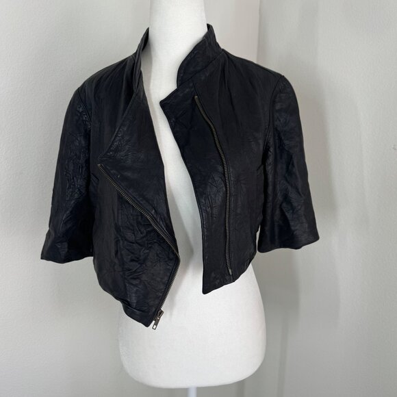 Gary Graham Black Leather Bolero Jacket Cropped Size 4 Pink Lining - Picture 1 of 13